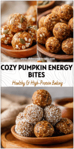Round Pumpkin Spice Energy Bites made with Delicious Pumpkin and oats on a wooden tray for Healthy Treats.